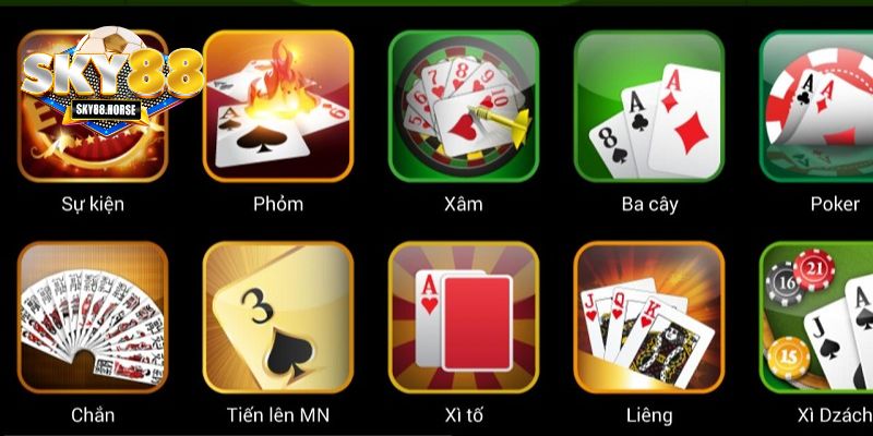 Đa dạng các sảnh game bài tại Sky88